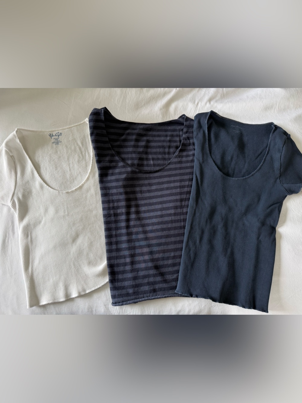 Brandy Melville Bundle. White, Navy Stripe, and Navy Ribbed Crop Tops.